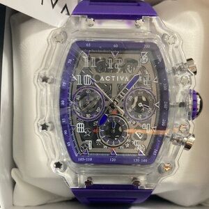 Activa Watch w/ Skeleton Dial 44.3mm, clear face/purple strap  (ACW2305-010)